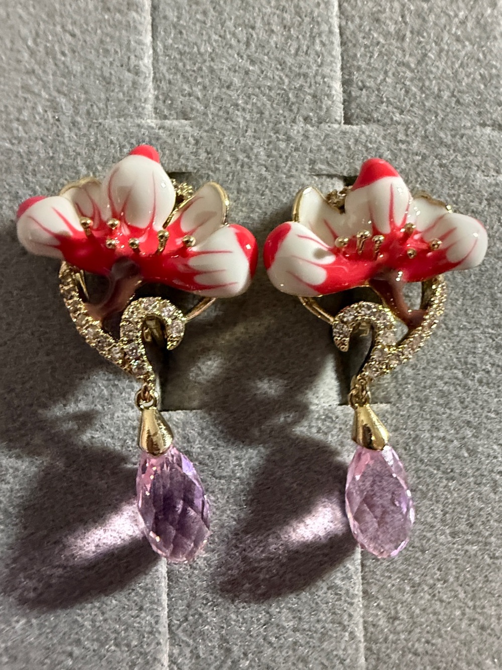 Gold-Filled Floral Drop Earrings with Red & White Enamel & Pink Crystal Dangles